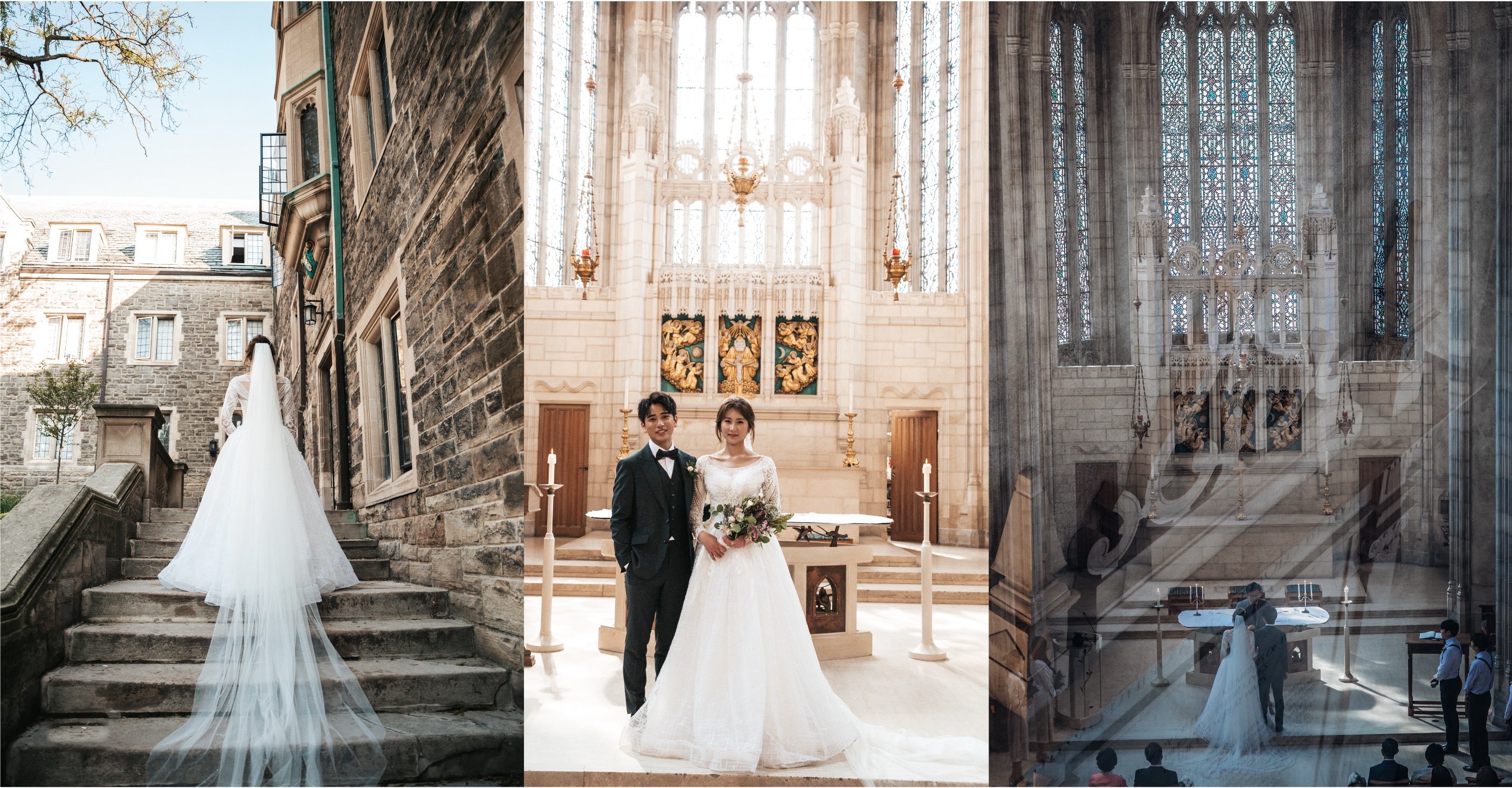 Wedding photography collage — bride's gown train on stone steps, couple at the altar, and couple viewed through stained glass