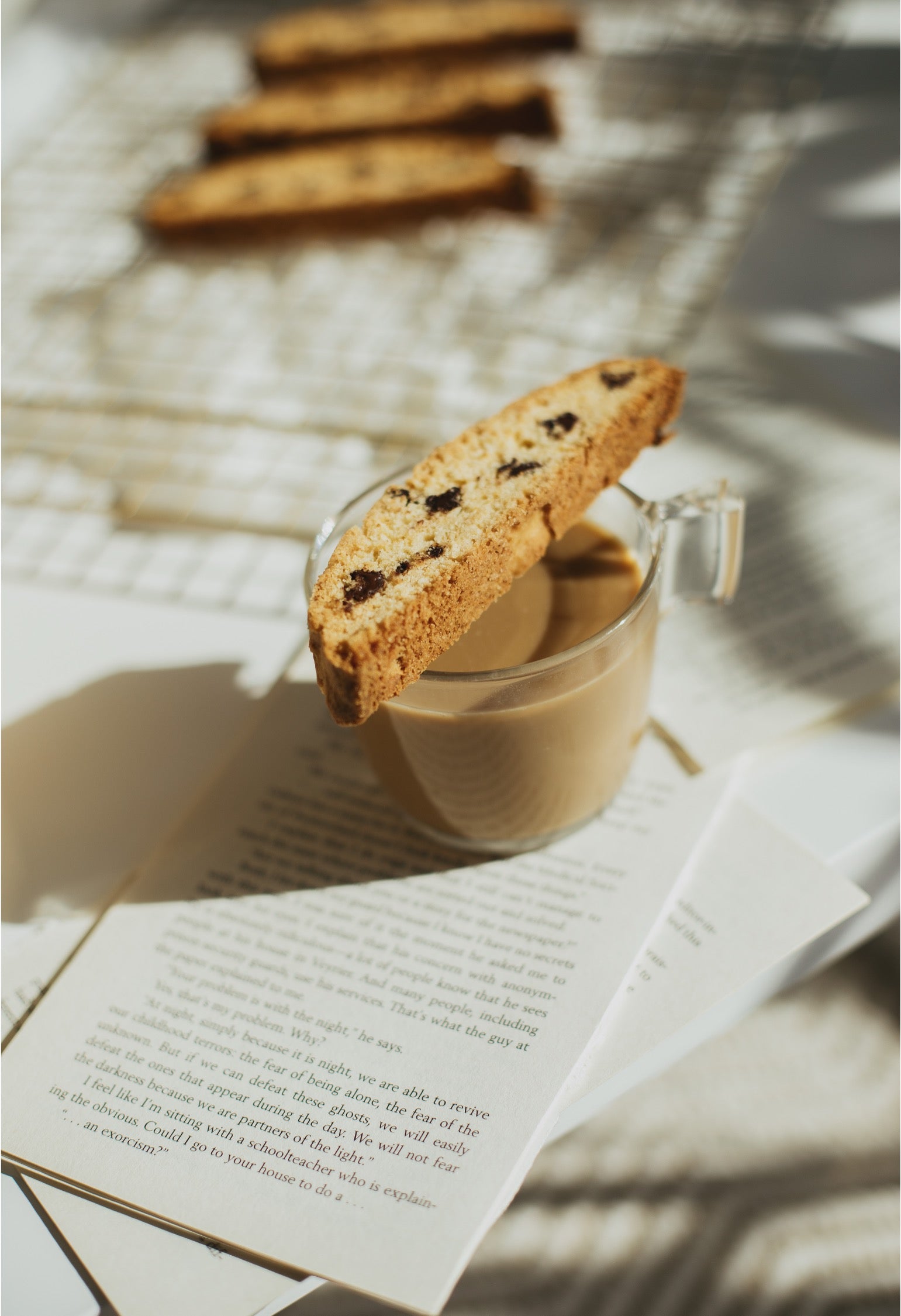A clear glass mug filled with a light brown beverage, topped with a chocolate chip biscotti cookie resting on the rim, set on open books with strong sunlight and shadows across the scene.