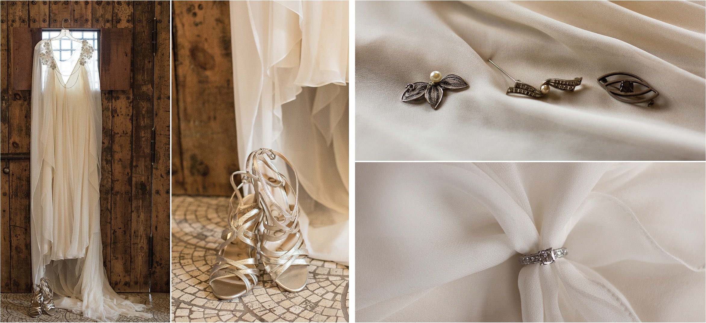 A wedding dress in ivory/cream is shown hanging in a rustic wooden room, with a close-up of a matching ivory ring with a clear rhinestone band. A pair of metallic champagne-colored lace-up shoes is also shown on a tiled floor.