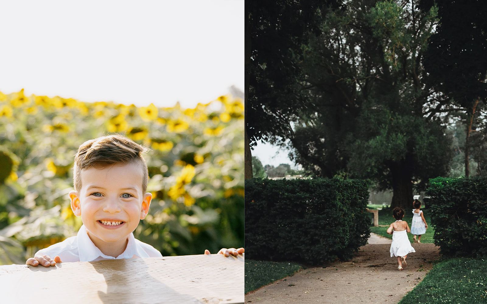 A split-screen lifestyle photograph. The left side shows a young boy smiling and peeking over a wooden ledge with a bright field of yellow flowers in the background.