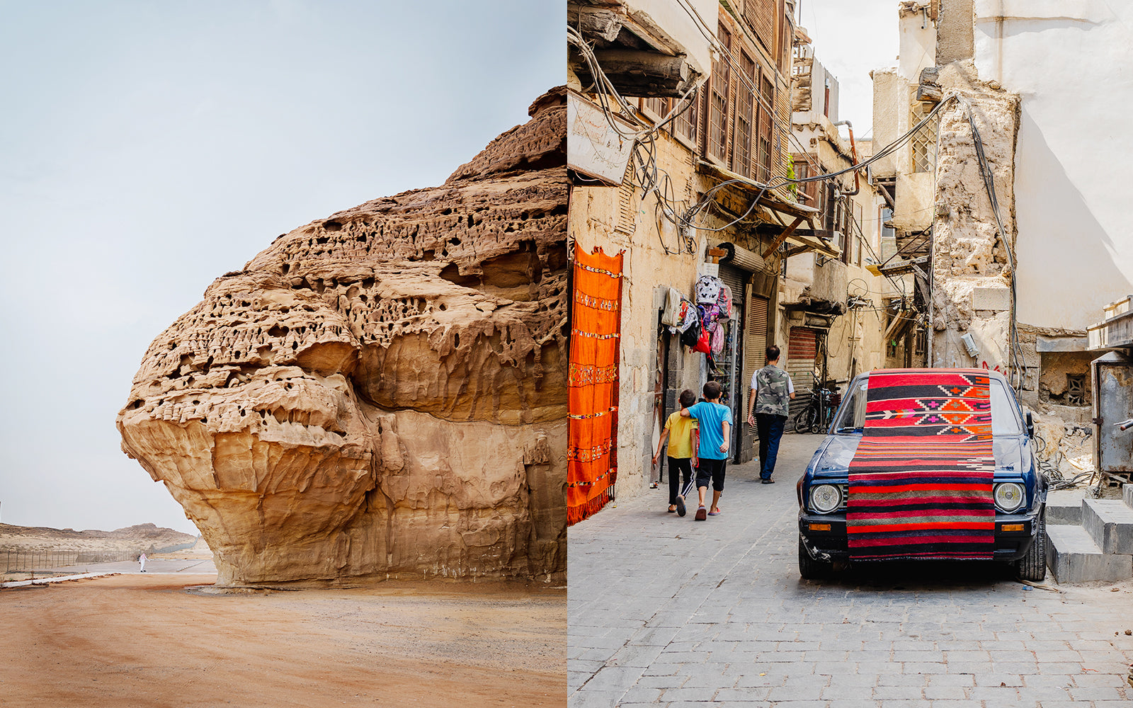 A split-screen travel photograph. The left side shows a large, eroded sandstone rock formation in a desert landscape under a pale sky.