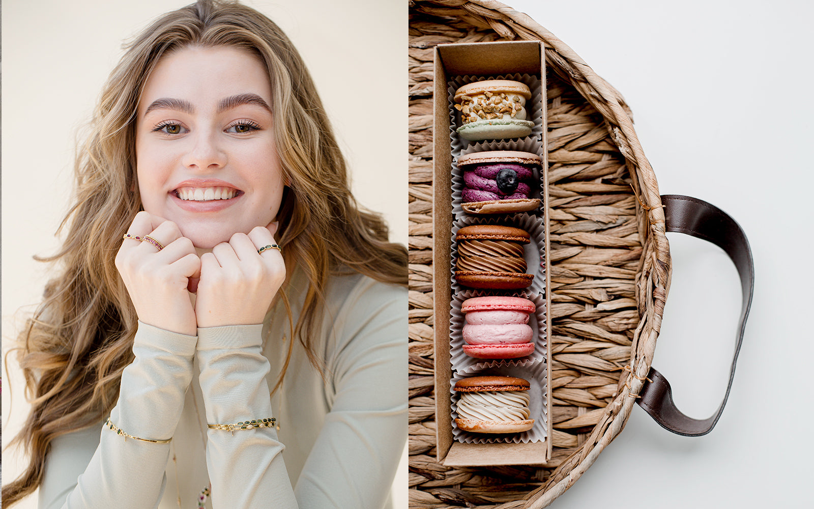 Split image: a smiling young woman resting her chin on her hands on the left, and a woven basket holding a box of assorted macarons on the right.