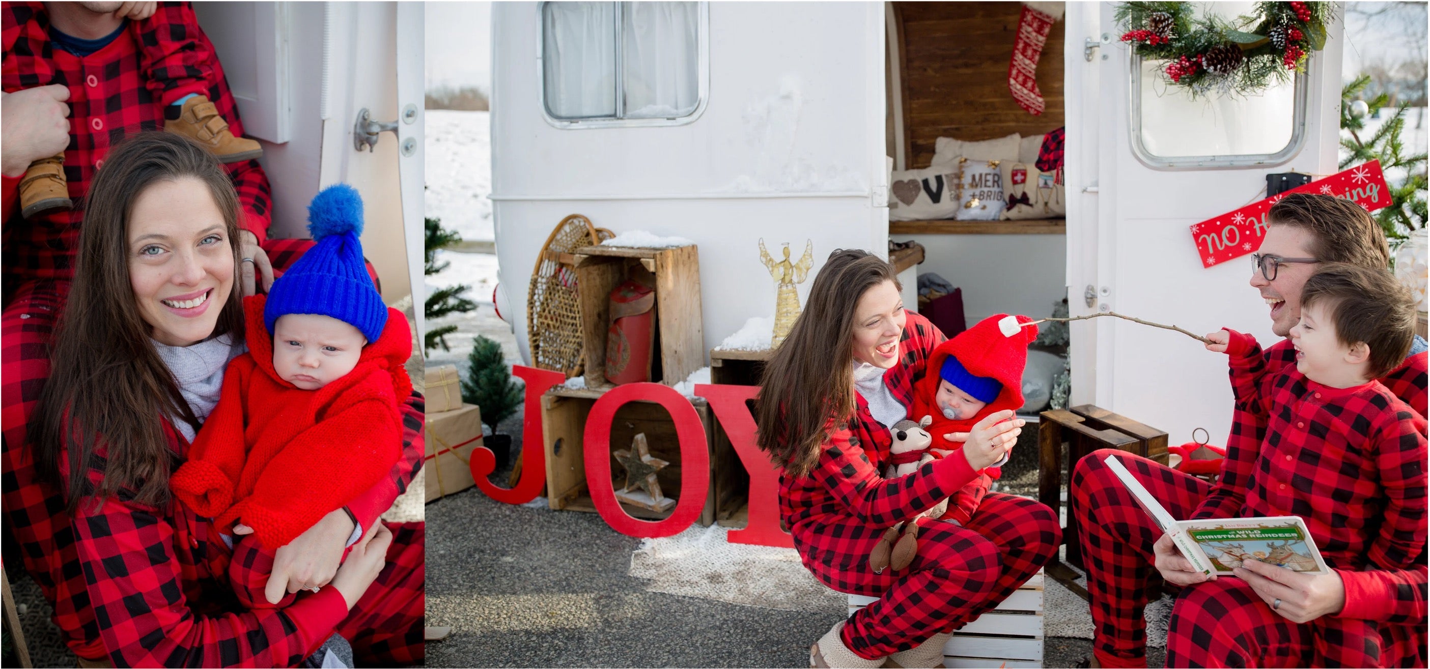 A three-panel collage showing a family in matching red and black buffalo plaid pajamas. The left panel shows a smiling woman holding a baby wearing a red blanket and blue pom-pom beanie.