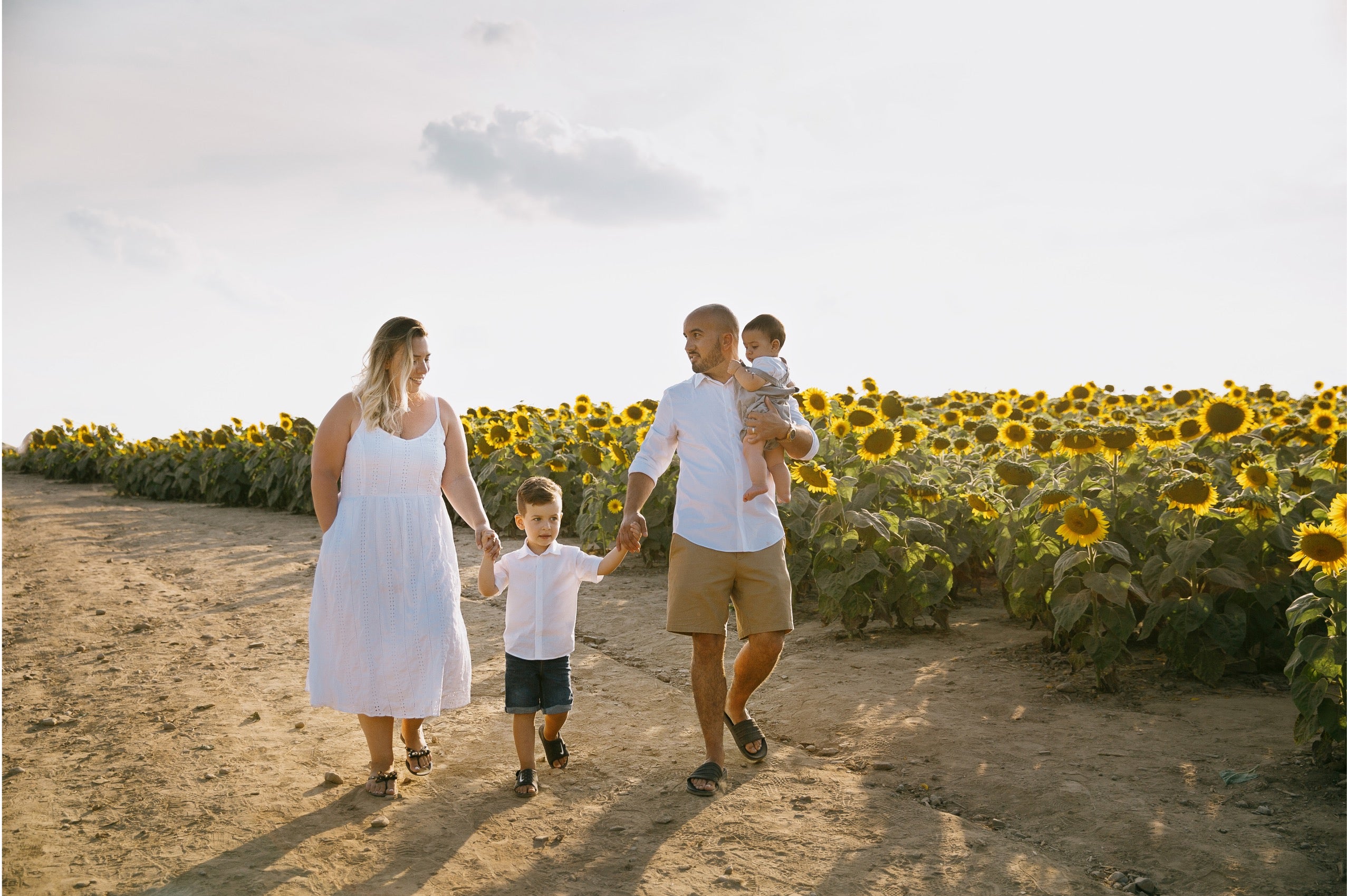 A family of four walking hand-in-hand through a sunflower field at golden hour. The mother wears a white sleeveless dress, the father wears a white shirt and khaki shorts, and they are carrying a baby.