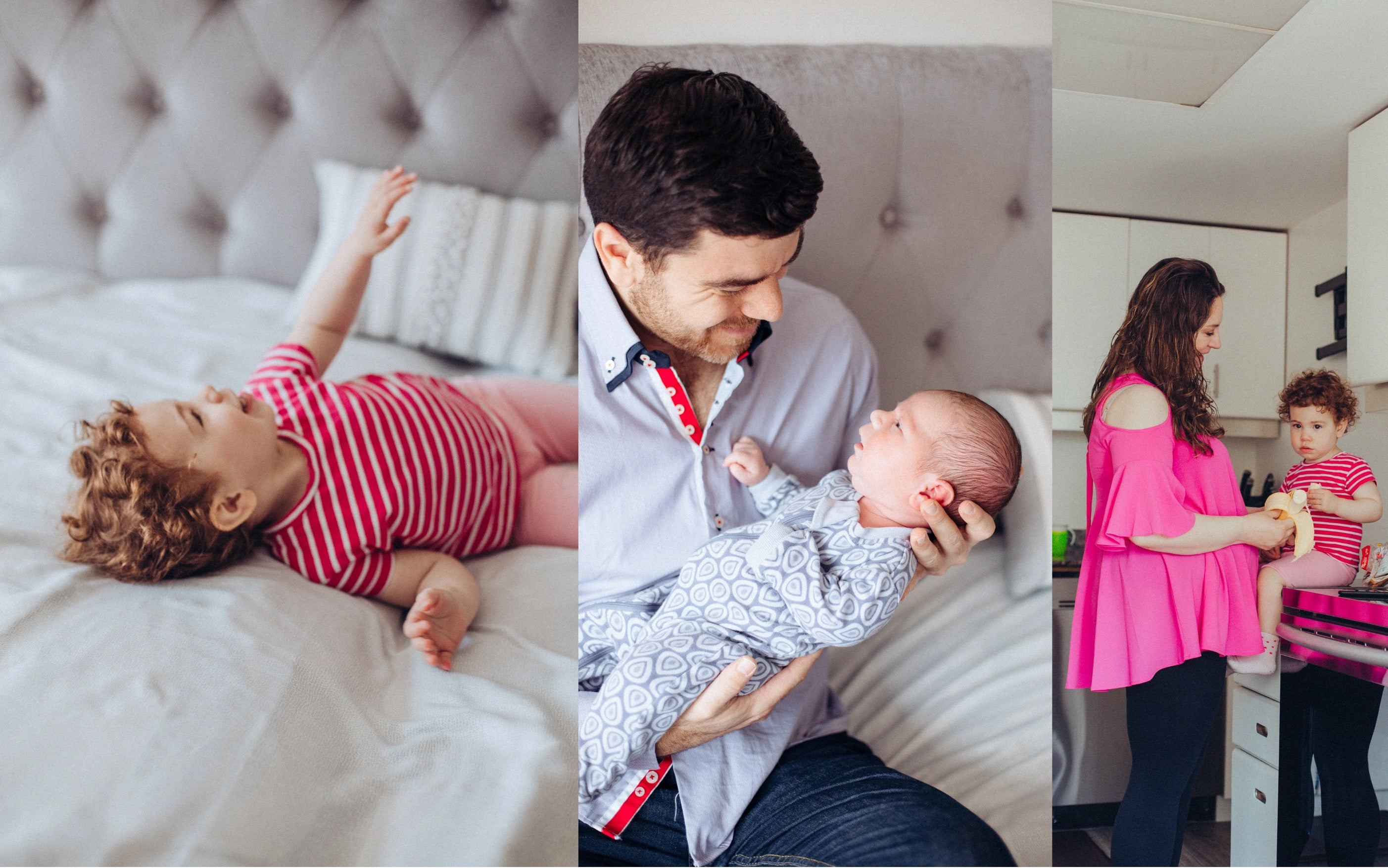 A three-panel lifestyle collage showing a family: a toddler in a red-and-white striped shirt lying on a bed, a father holding a newborn baby, and a mother in a bright pink top standing in a kitchen with the toddler.