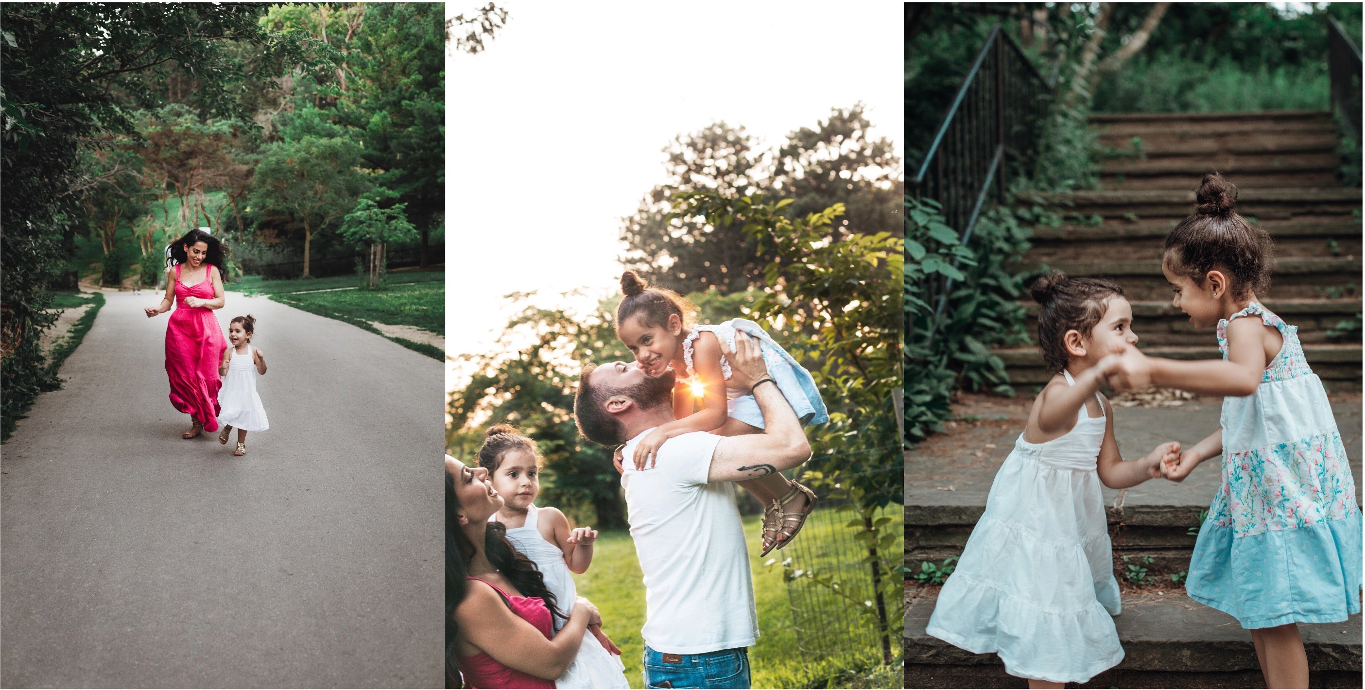 A three-panel collage of outdoor family photographs: a woman in a bright pink dress and a child running down a path, a man carrying a child while others watch in a sunlit outdoor setting, and two young girls in light blue and white dresses playing on stone steps.