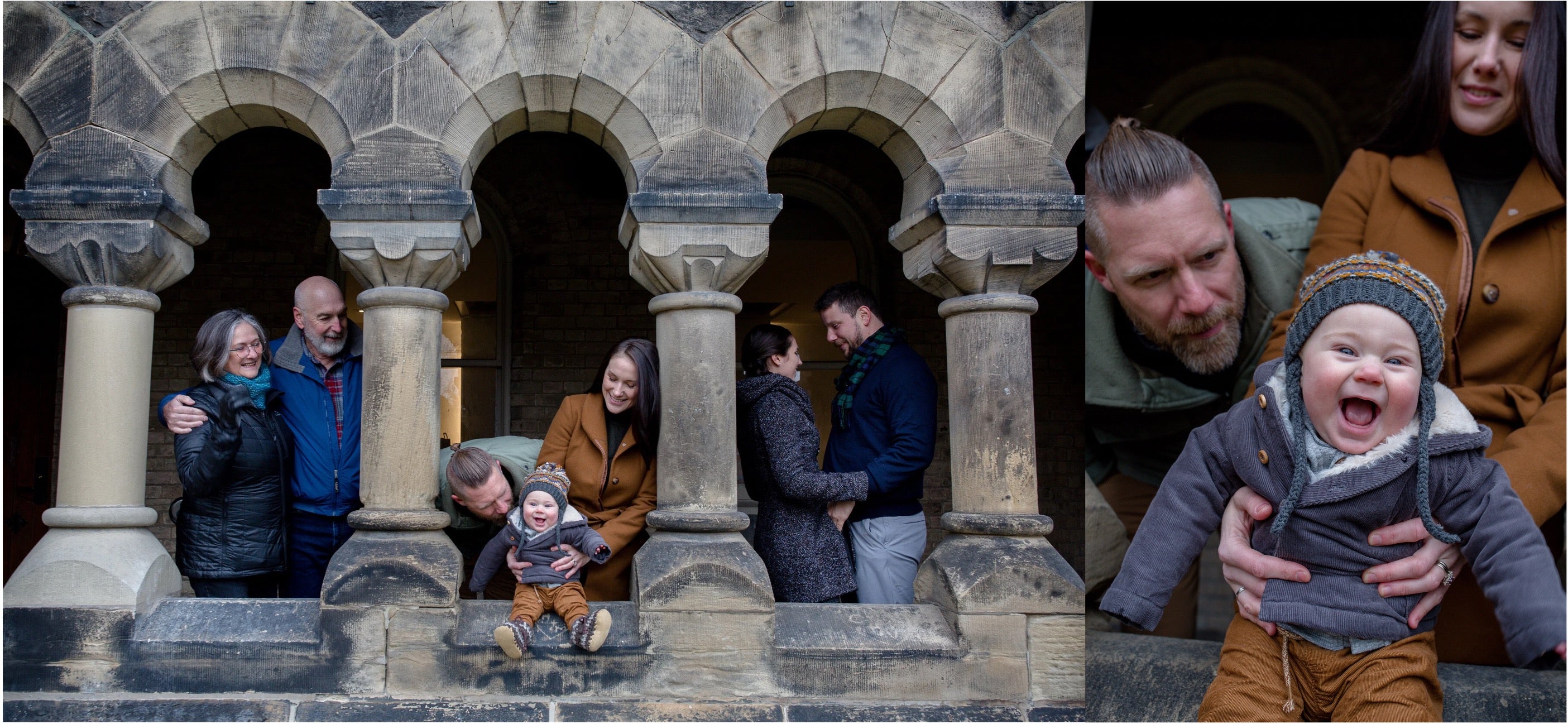 A split-screen family portrait collage. The left side shows a group of adults and children posing under a stone archway.