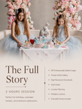 Promotional graphic for a photography editing service showing two young girls in matching light blue tutus posing with a bunny and tea set between large pink floral backdrops. Text at the bottom reads 'The Full Story' with bullet points about 3 hours of editing, 80 professionally edited images, and suitability for birthdays, extended families, and milestone celebrations.