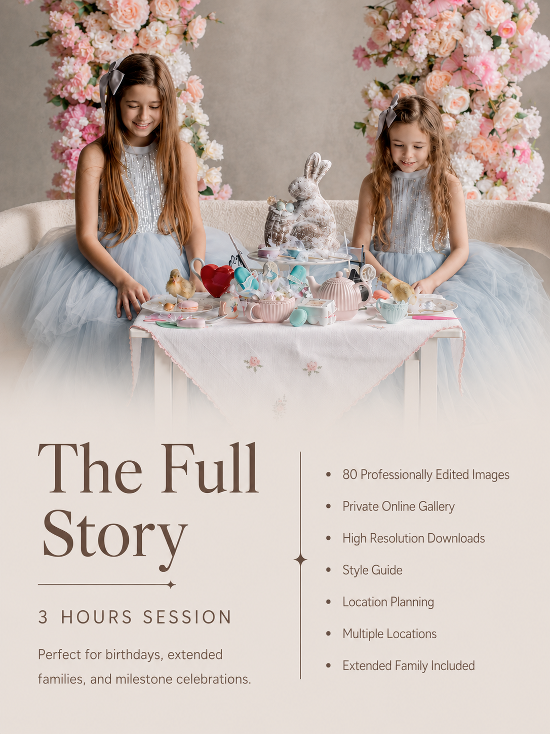 Promotional graphic for a photography editing service showing two young girls in matching light blue tutus posing with a bunny and tea set between large pink floral backdrops. Text at the bottom reads 'The Full Story' with bullet points about 3 hours of editing, 80 professionally edited images, and suitability for birthdays, extended families, and milestone celebrations.