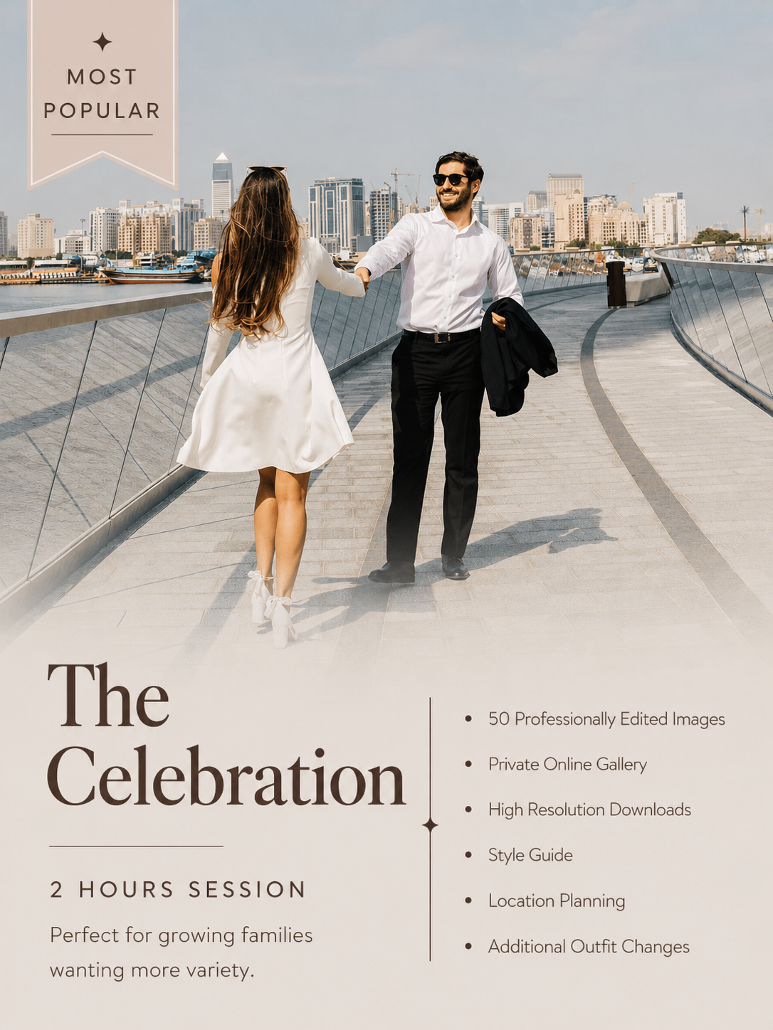 Promotional graphic for a digital photo editing bundle titled 'The Celebration'. The top half shows a couple walking hand-in-hand on a modern bridge with a city skyline in the background, with a woman in a white dress and a man in a white shirt and black trousers.