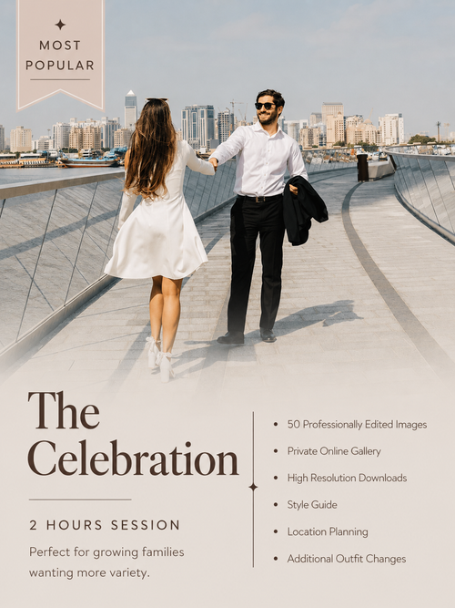 Promotional graphic for a digital photo editing bundle titled 'The Celebration'. The top half shows a couple walking hand-in-hand on a modern bridge with a city skyline in the background, with a woman in a white dress and a man in a white shirt and black trousers.