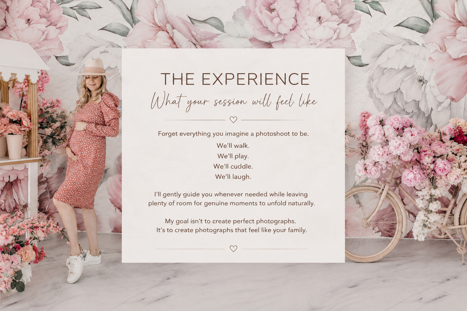 A styled promotional scene with a large central card reading 'THE EXPERIENCE What your session will feel like' and a poem about creating photographs. A woman in a pink outfit stands to the left, and pink floral decor, a bicycle, and a marble floor surround the setup.