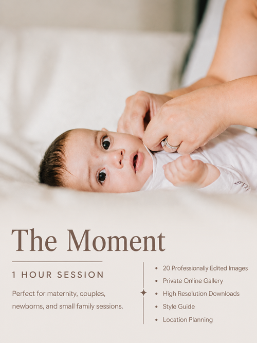 Promotional graphic for "The Moment" 1-hour photography session, featuring a close-up of a baby on a white blanket and a list of included features such as 20 professionally edited images and location planning.