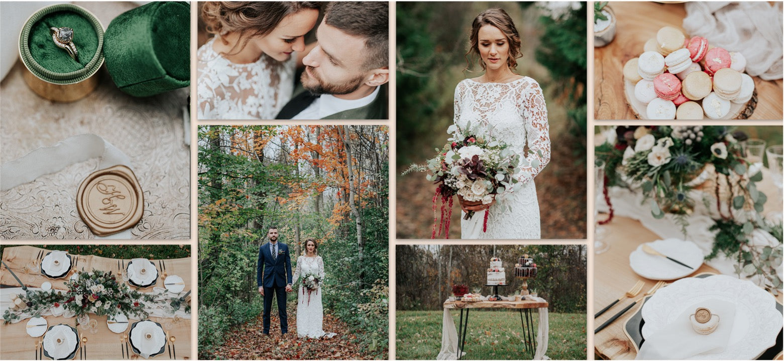 Wedding photography collage — bride and groom portraits, ring and getting-ready details, bridal gown and bouquet, from real Love Light Click weddings