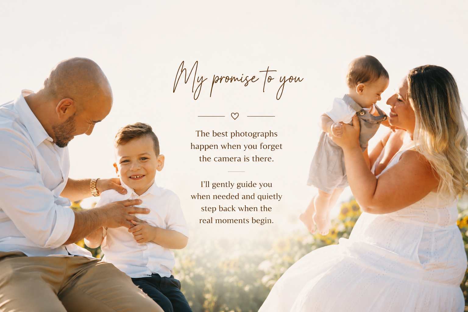 A family portrait with a man, a young boy, a baby, and a woman in white clothing, set against a bright outdoor background with a central text overlay reading 'My promise to you' and a short quote.
